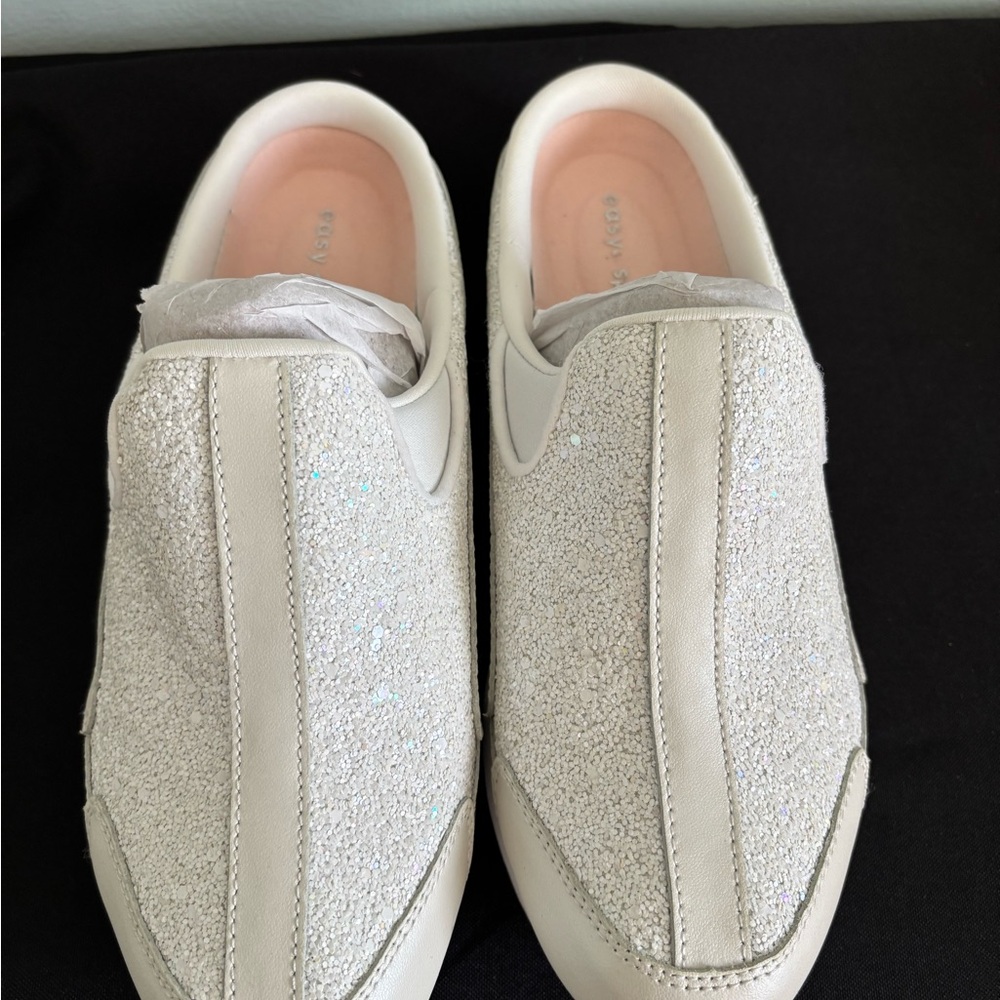 Easy Spirit Women's Glitter Slip-On Sneakers in Pearl White and Blush